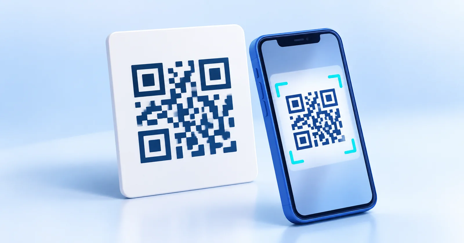 Смартфон сканирует QR-код на белой карточке, выделяя рисунок рамкой на экране