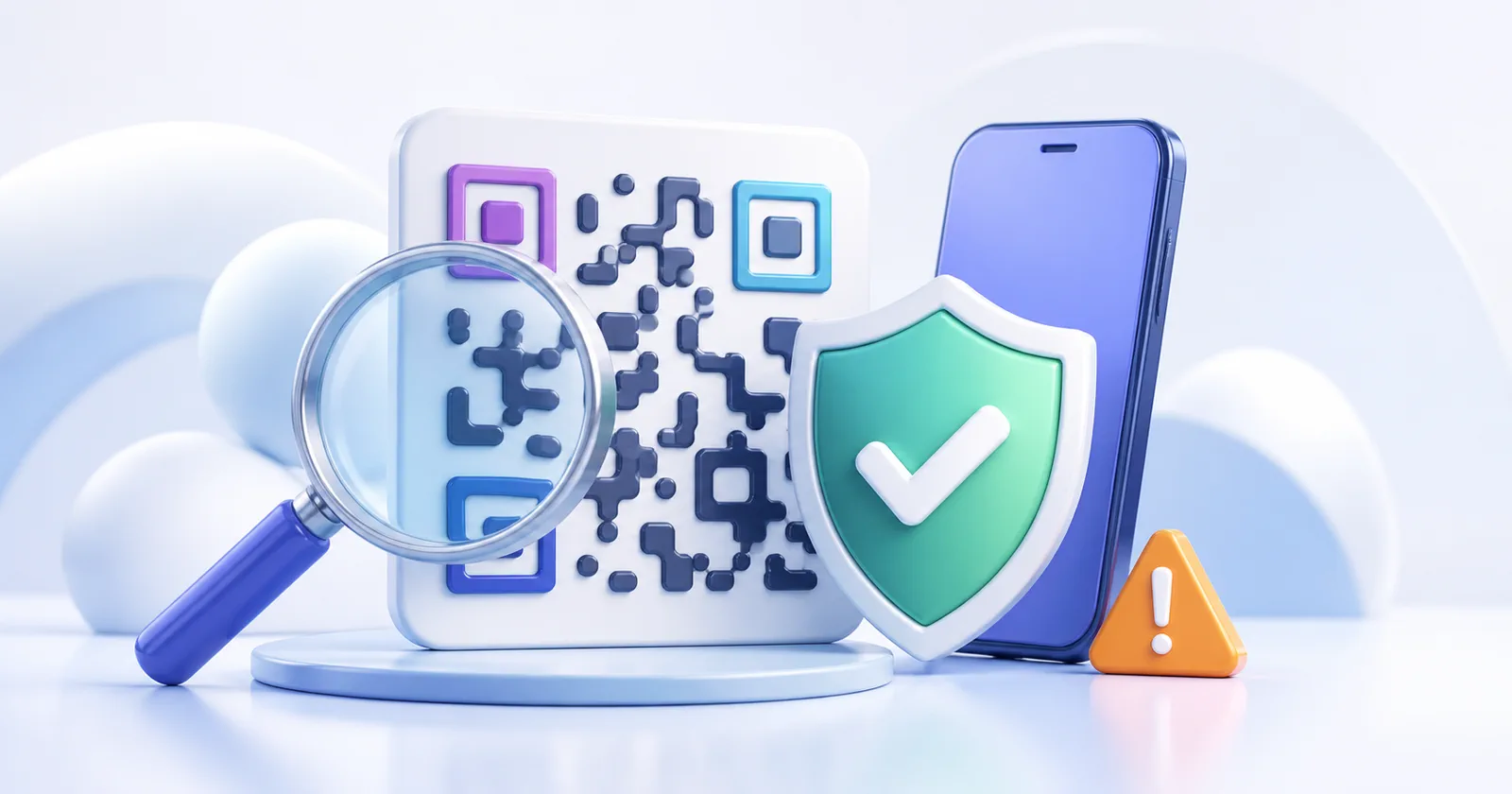 QR-код под лупой рядом с защитным щитом, предупреждением и смартфоном