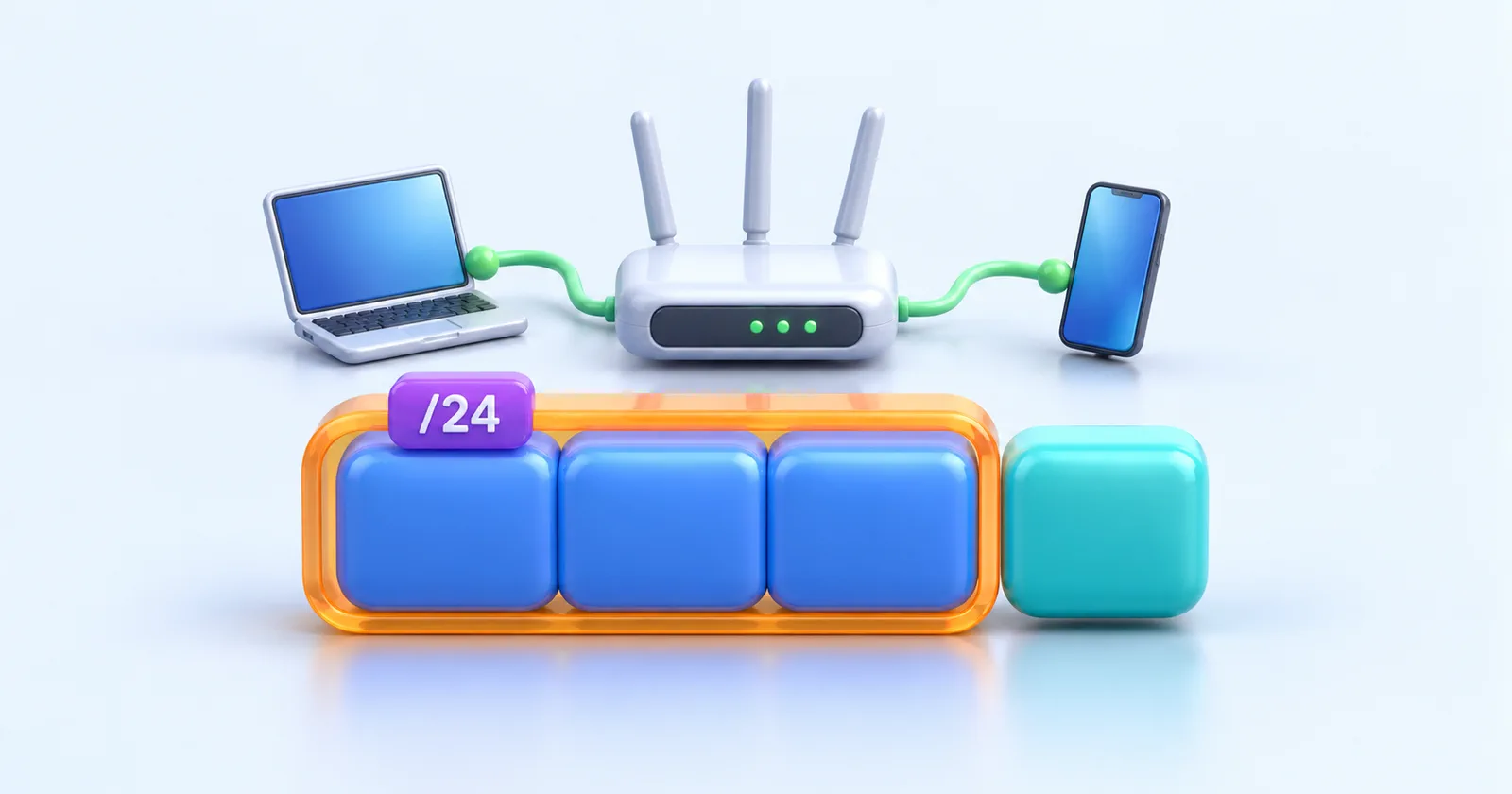 Роутер с ноутбуком и телефоном над IP-адресом из четырёх частей, где три части сети выделены рамкой с меткой /24