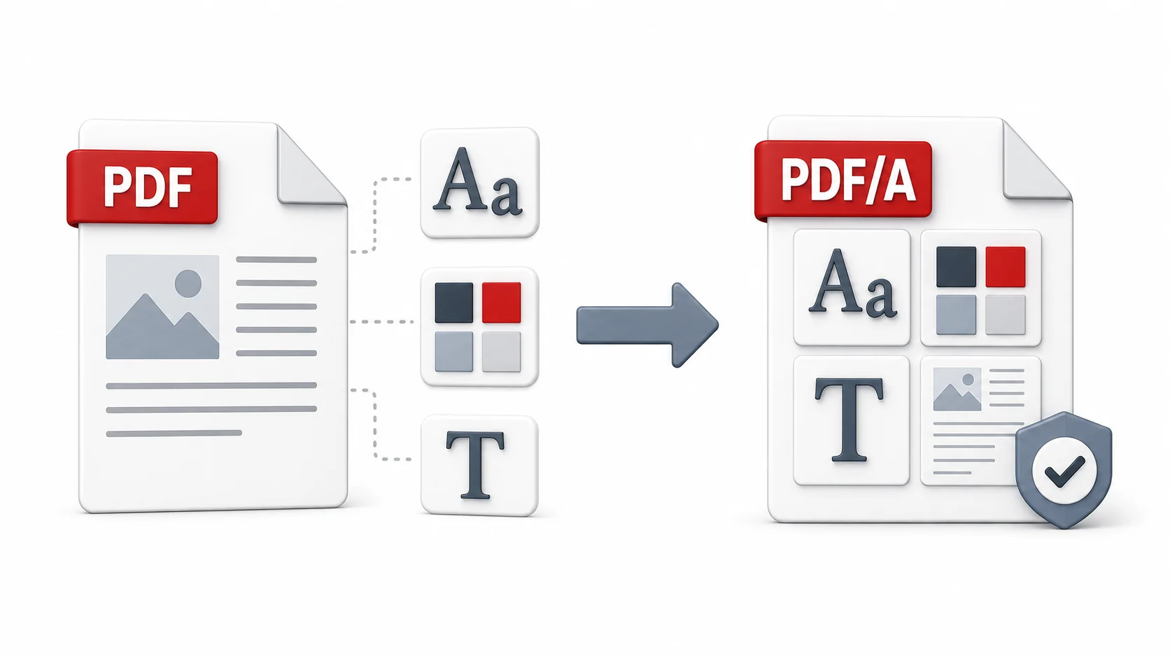 Обычный PDF зависит от внешних данных, а PDF/A хранит шрифты и цвета внутри документа