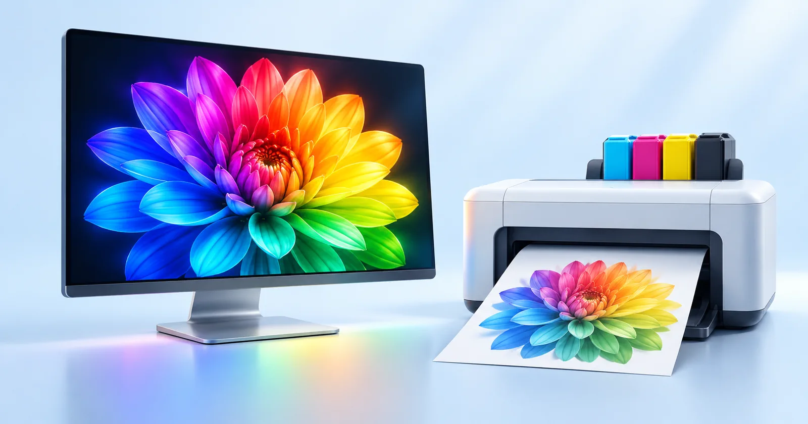 Яркое RGB-изображение на мониторе сравнивается с его печатной CMYK-копией