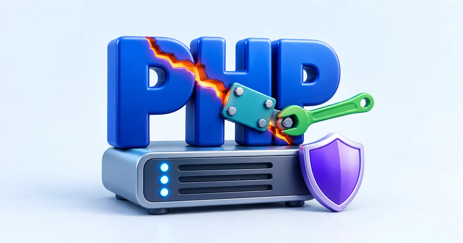 Объёмные синие буквы PHP на сервере, через них идёт оранжевая трещина, которую закрывают бирюзовой пластиной и гаечным ключом, рядом щит