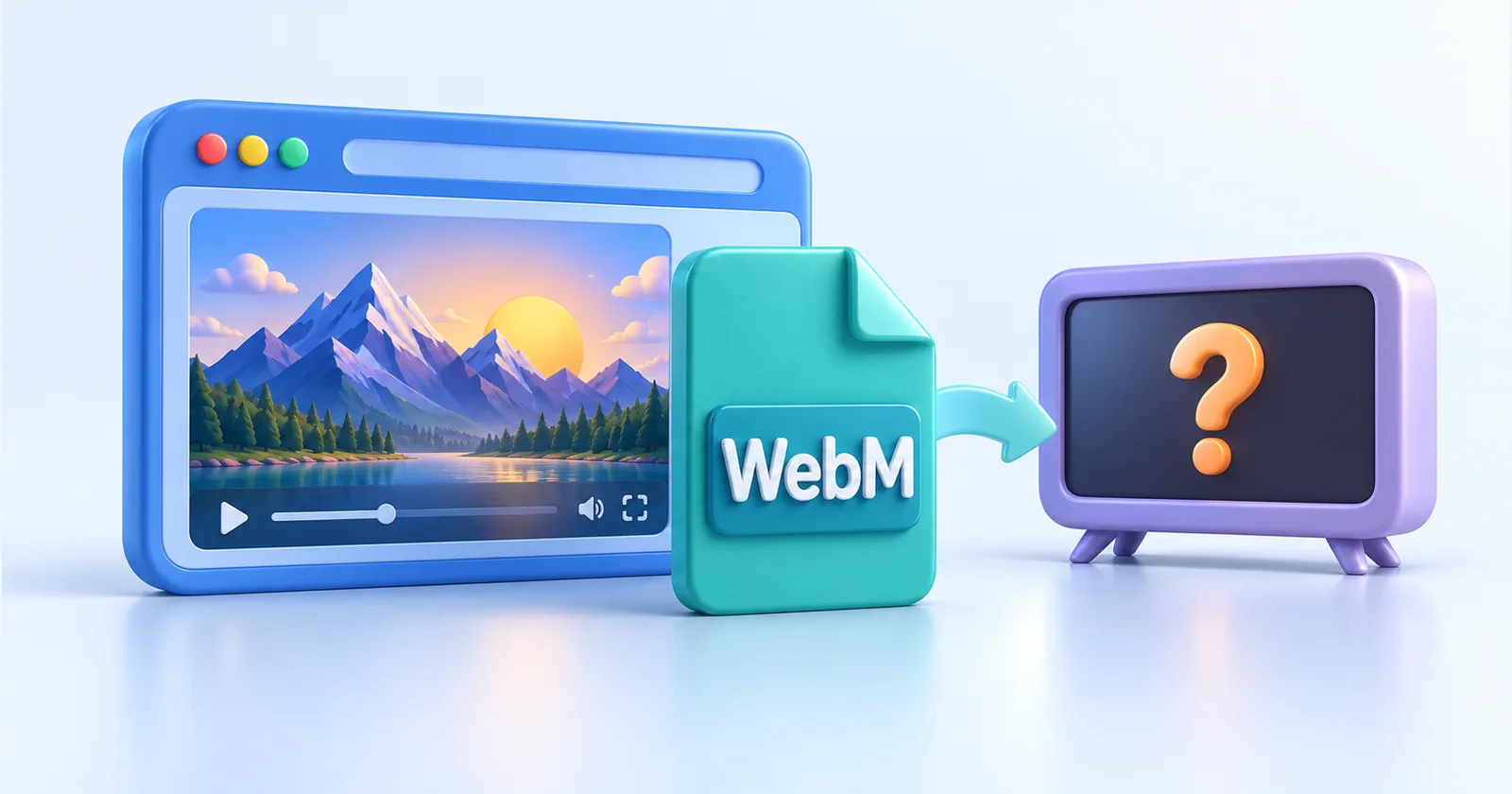 Файл WebM рядом с воспроизводящим видео браузером и телевизором со знаком вопроса